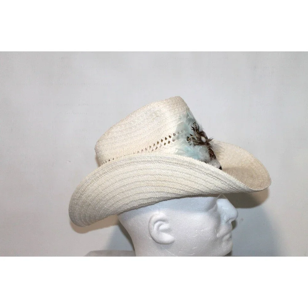 Cowgirl Hat, Tan Straw Rancher Feather Brim Trim White Tan Medium 6 7/8